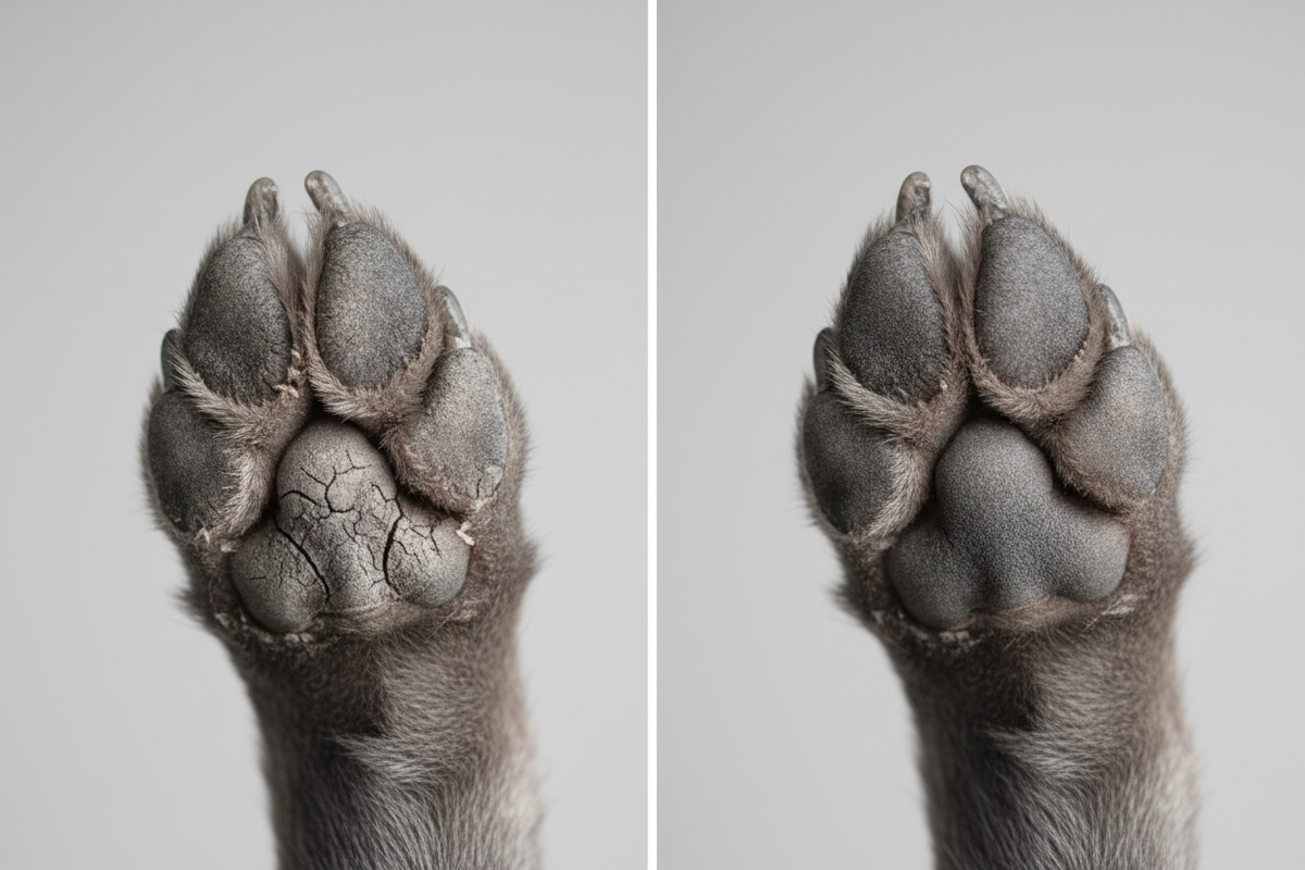 järförelsebild på 2 grå hundtassar där en är torrsprucken och en normal