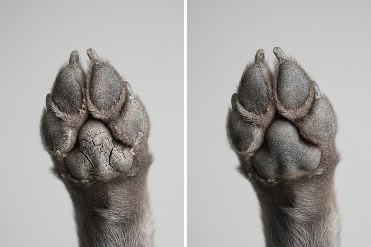 järförelsebild på 2 grå hundtassar där en är torrsprucken och en normal