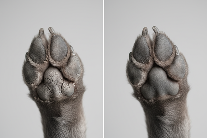 järförelsebild på 2 grå hundtassar där en är torrsprucken och en normal